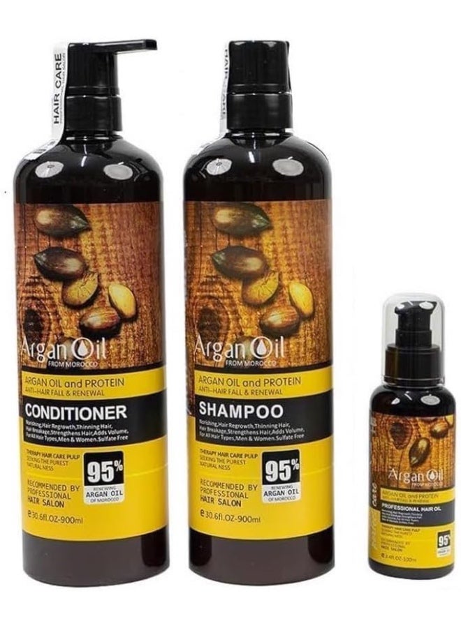 Moroccan Argan Oil (3pcs Shampoo, Conditioner and Oil) Sulfate Free, Perfect for Damaged, Dry, Curly, Frizzy Hair - Thickening Formula for Fine/Thin Hair, Safe for Color and Keratin Treated Hair. - Image 1